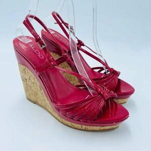 Aldo Red Patent Leather Mullti Strap Cork Sandal heel Wedges